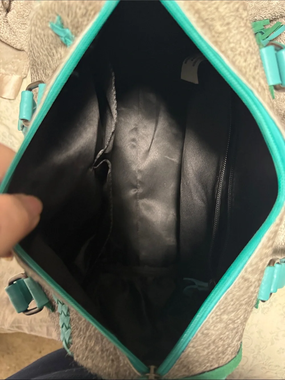 Turquoise Trim Gray Haircalf Fringe Satchel - Women Bags
